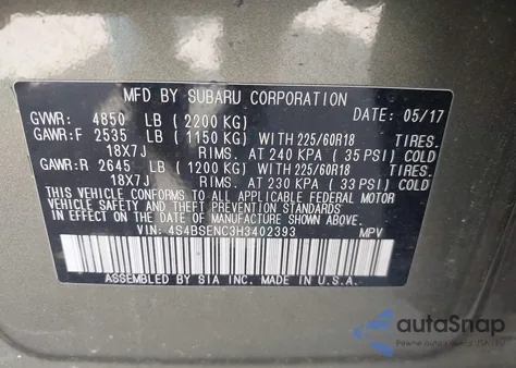 2017 Subaru Outback 3.6R Limited from USA, damaged, VIN 4S4BSENC3H3402393